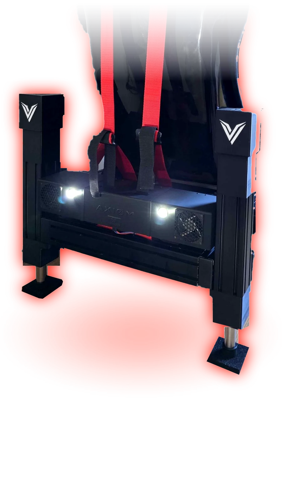 Simulateur de sim racing sur vérins V-TRAX : siège baquet Sparco et harnais rouge portés par les vérins
